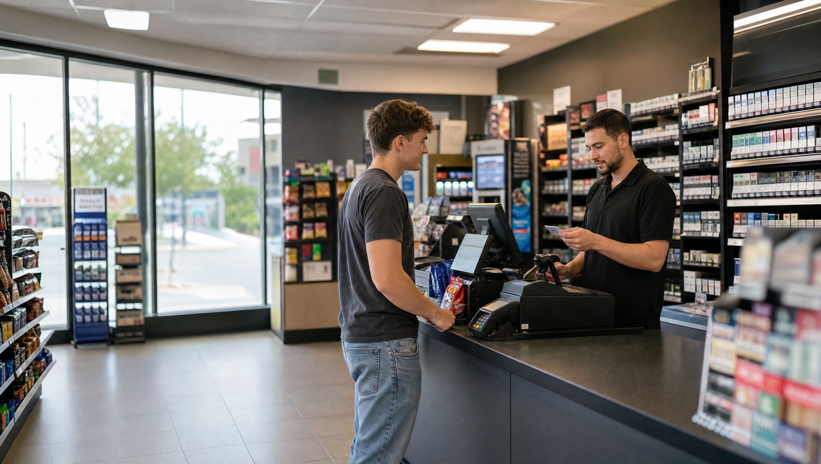 A cashier checks a customer's ID at the register.