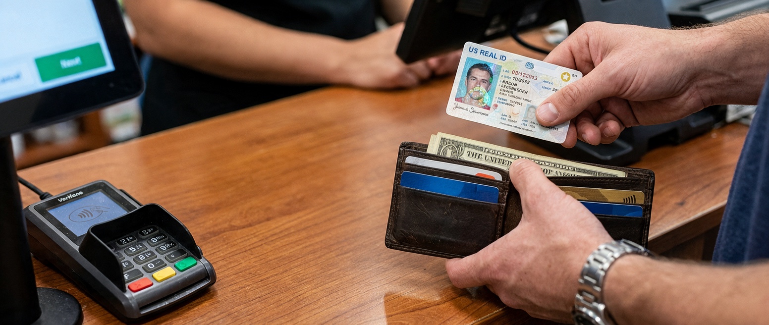 A close view of hands pulling an ID from a wallet.