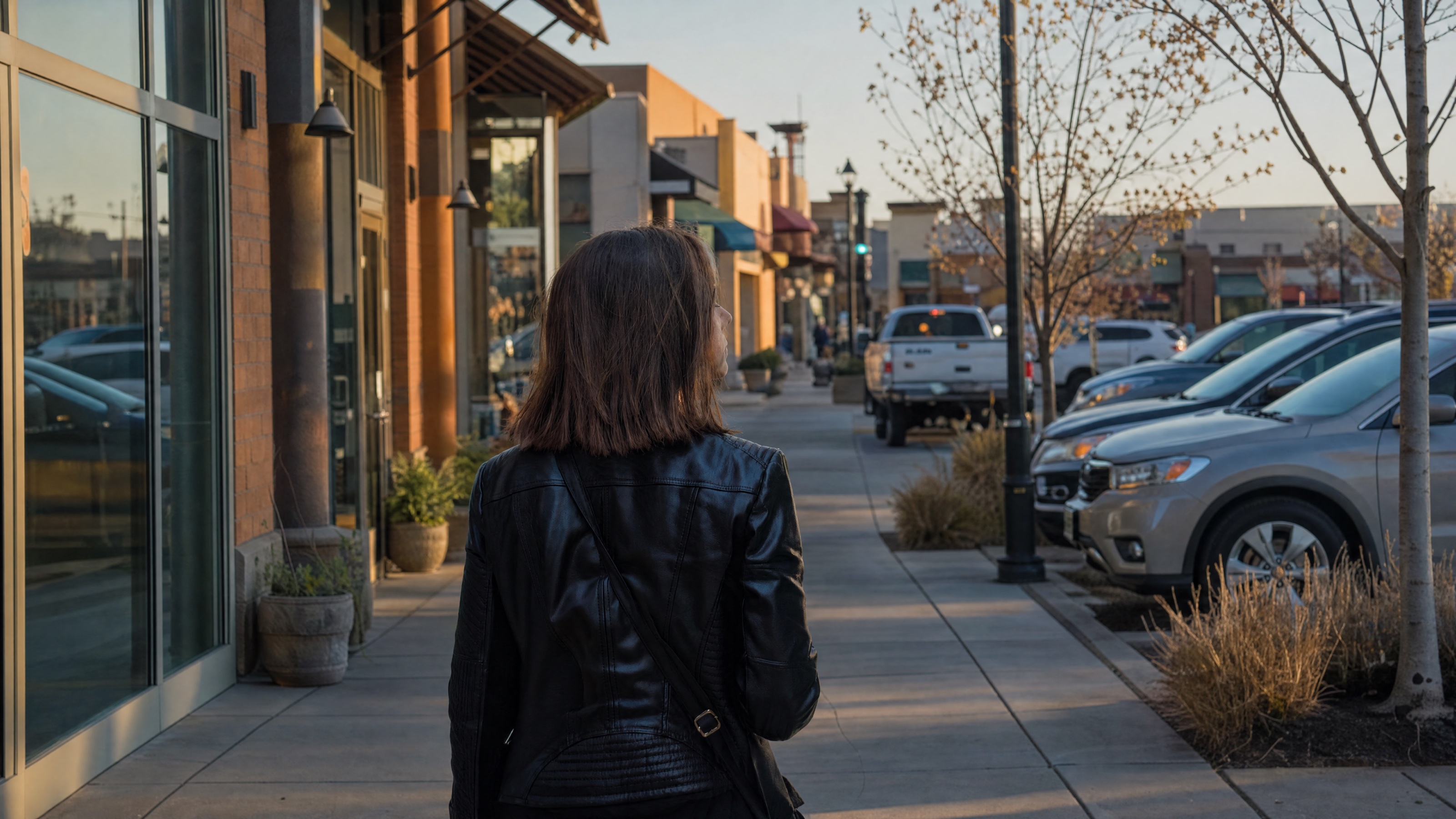 A shopper walks through an open-air retail center.