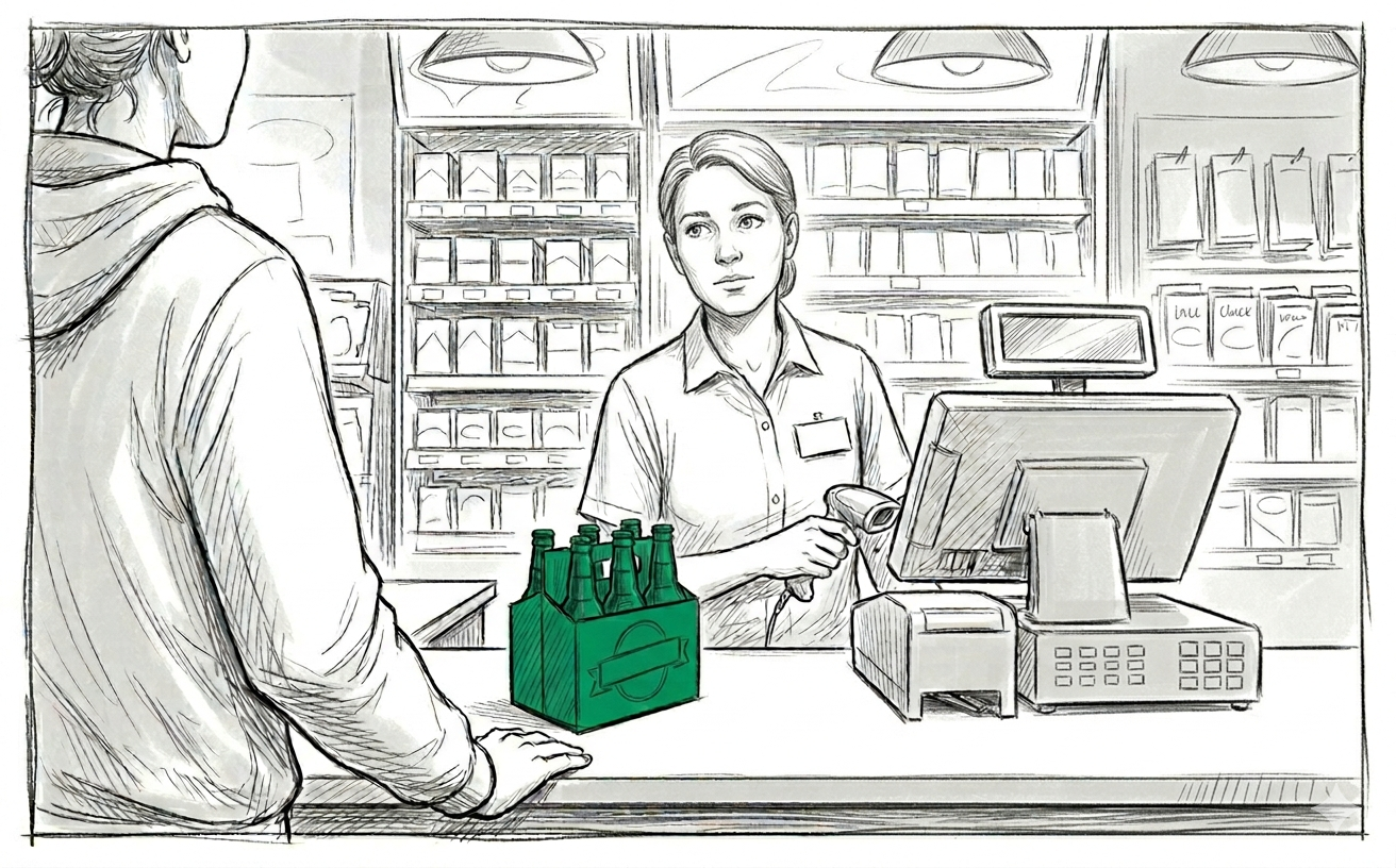 Storyboard sketch of a clerk at a register pausing mid-scan, on the verge of asking for ID.