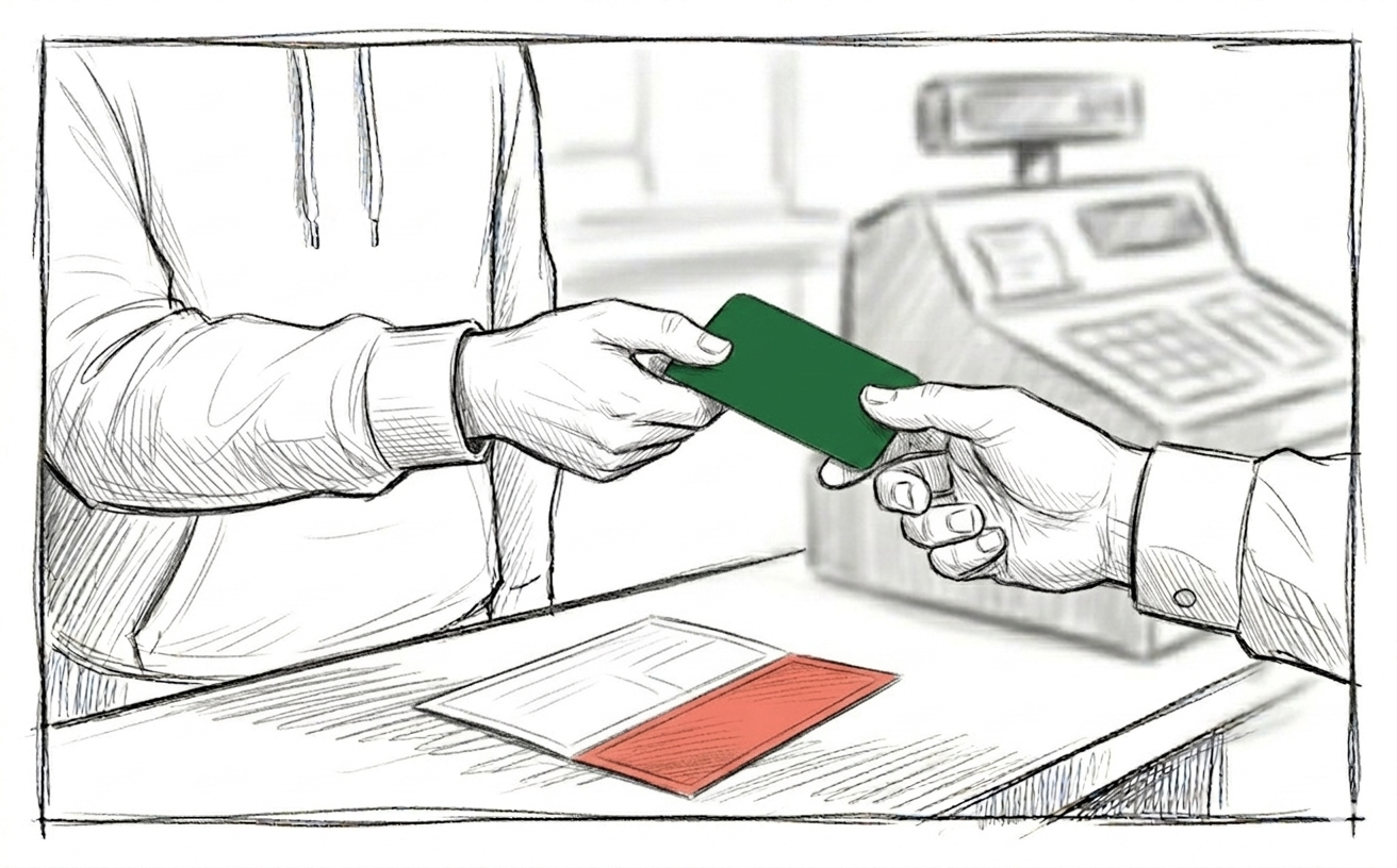 Storyboard sketch of a green-or-red BARS Program procedure card being handed across a checkout counter.